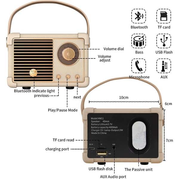 Trådløse retro Bluetooth-høyttalere Utendørs bærbare vintage-høyttalere Oppladbare minihøyttalere med kraftig lydstøtte for håndfrie samtaler (hvit)