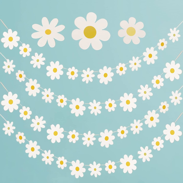Daisy Bohemian Party Banner, Daisy Garland Kit Hanging Swils Hippie Party Supplies Decoration for Baby Shower Birthday Wedding (6 kpl valkoista)