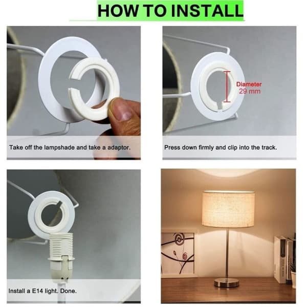 Reduseringsringer for lampeskjerm, adapter for lampeskjermring, lampeskjermholder
