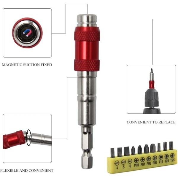 12 stk. 20° drejelig bitholder Magnetisk bitholder med hurtigudløsning 92 mm 1/4\" hex drejelig boreholder med skruetrækkerbits