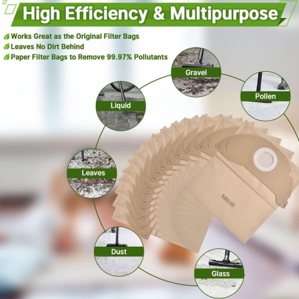 10-pack dammsugarpåsar för Kärcher A2004/ A2054 / WD2250/ MV2/ WD2 ersättningsdammsugarpåse