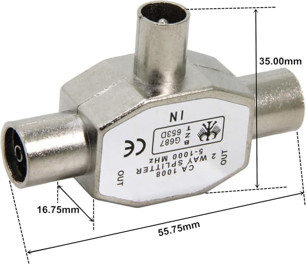 TV Antenne Coax Splitter, Metalhus, 2-vejs 1 Han til 2 Hun Adapter Stik Samler
