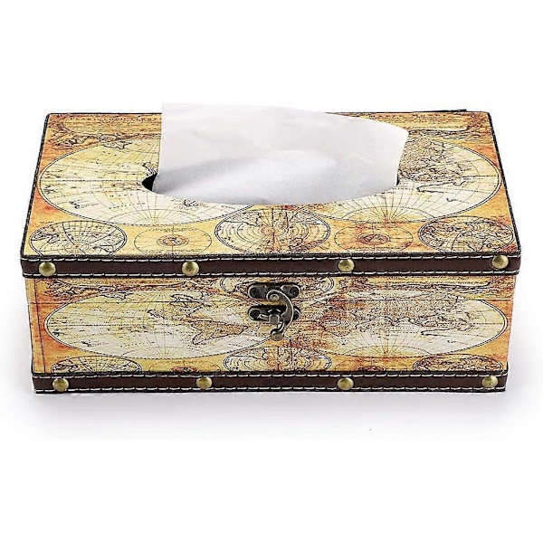 Retro Tissueboks Holder, Tissue Organizer Rektangulær Tre + PU Tissueboks Deksel (Gult Kart)