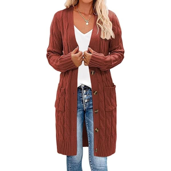Langærmet kabelstrikket lang cardigan til kvinder, åben front med knapper, overtøj grå