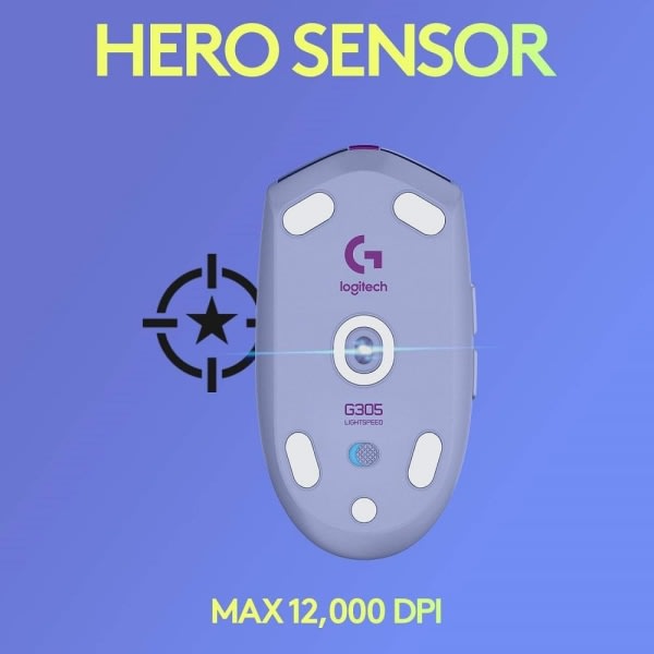 För Logitech G305 LIGHTSPEED trådlös spelmus, Hero 12K-sensor, 12 000 DPI, Lättvikt, 6 programmerbara knappar, 250 timmars batteritid Purple