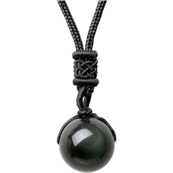 16 mm Natural Black Obsidian Rainbow Eyes Stone Lucky Blessing Chakra Beads Pendant halskæde med justerbar flettet reb ledning