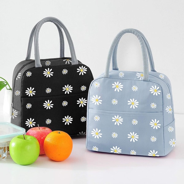 Bärbar Termisk Lunchväska Kylväska Daisy Mönster Lunchlåda Organizer Tote Väska för Vuxna Barn Flickor Arbete Skola Picknick Camping Resor (Grå Blå)