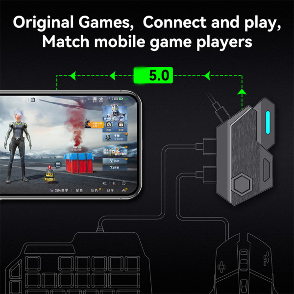 Bluetooth-kompatibel tastatur- og musekonverteringsadapter til mobilspil PUBG mobile, Game for Peace osv.