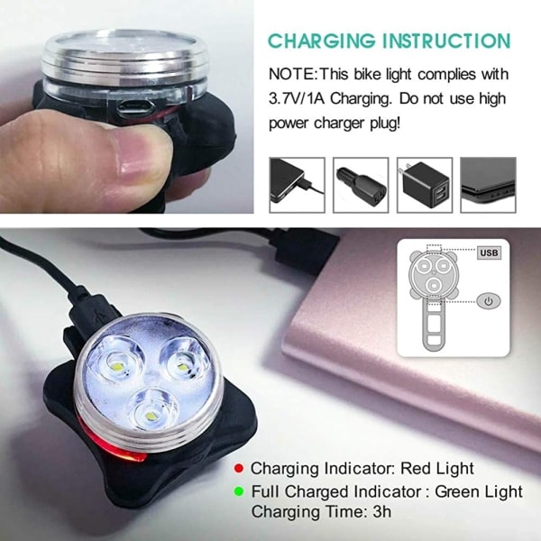 USB-oppladbart sykkellys, supersterkt LED-for- og baklys for sykkel