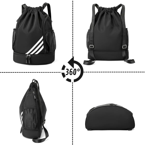 Sportsnöre Ryggsäck Stor Gym Väska med Skofack Vattentät Nylon för Gym Shopping Y01 Black
