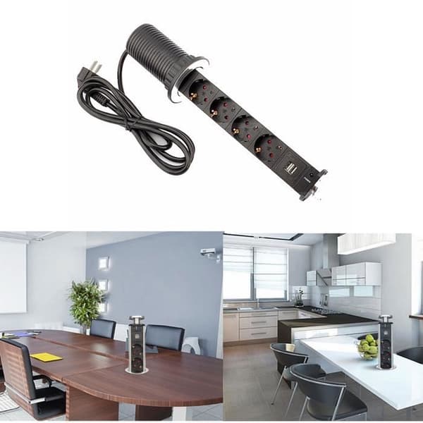 Uttrekkbar strømskinne med 4 uttak + 2 USB-ladere
