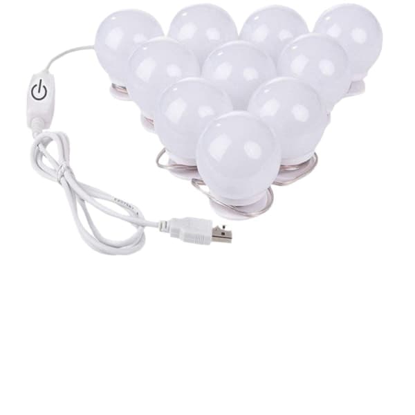 Speilbelysningssett, LED-sminkebelysning med 10 dimbare pærer, USB-feste for speil til sminkerom, baderom, soverom
