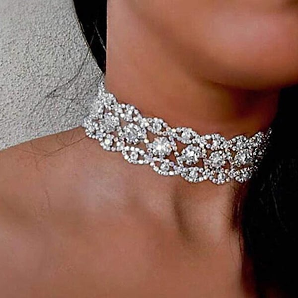 Rhinestone Choker Halskjede Smykke Justerbar Krage Halskjede Sølv Chokers For Kvinner Og Jenter, Sølv