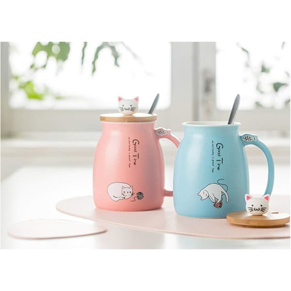 Frukostmugg Present till Vänner Katt Kaffemugg Kanin Tekopp med Lock Sked Blå Blue