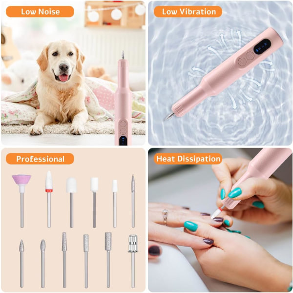 Elektrisk nagelfil, sladdlös nagelfilmaskin med 12 nagelfilar, bärbar nagelfilset med trådlös laddningsbas Pink