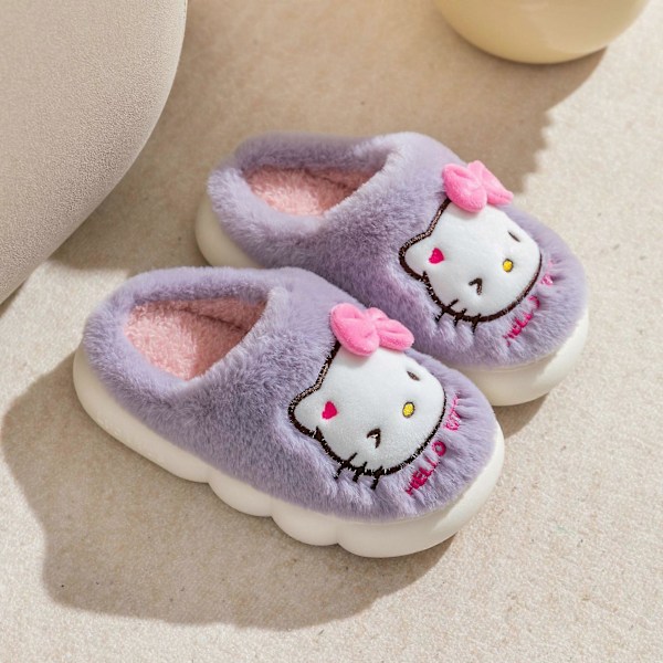 Barnens skor för flickor HelloKitty Söta tecknade hustofflor Vinter Tjocka tofflor Håll varma Kawaii Halksäkra tofflor 21752-Purple 22-23