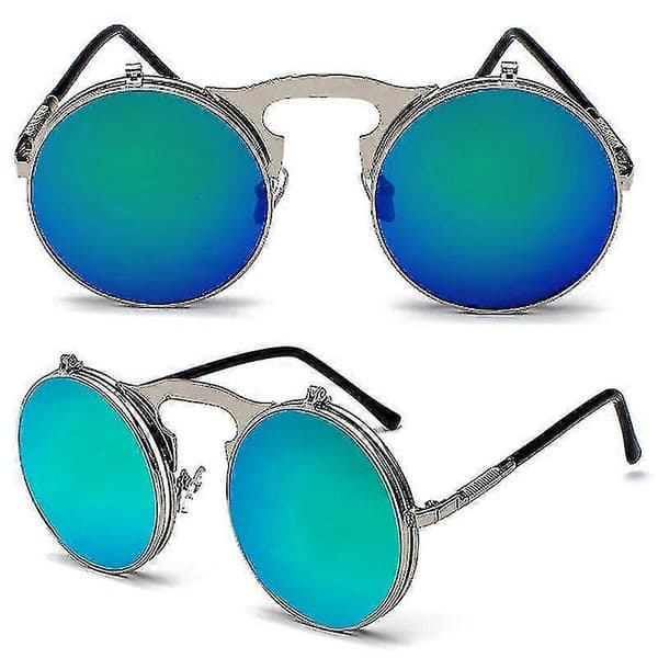 Menn Unisex Solbriller Flip Up Linse Runde Briller Silver Frame Green Lenses