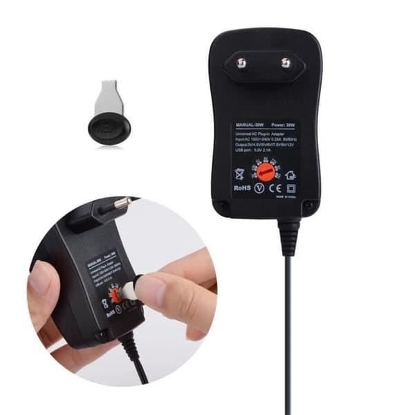 Yleisvirtalähde - 30W - 3-12V AC/DC - USB 5V 2.1A