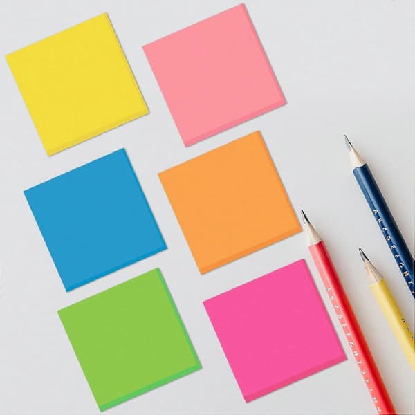 6 lyse farver Sticky Notes, 76 x 76 mm, 100 ark/blok, klæbeevnen er forbedret