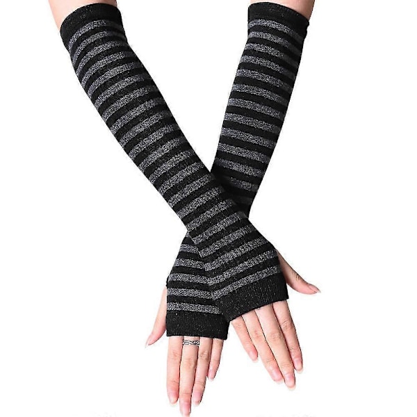 Sormittomat raidalliset käsineet naisille - Pitkät rannekkeelliset lämmittimet Black and Dark Gray