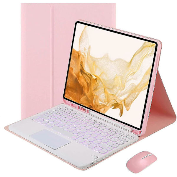 Belyst tangentbordfodral för Galaxy Tab A8 10,5 tum 2022, avtagbar trådlös styrplatta med mus, 7 färger bakgrundsbelysning, tunt och lätt PU-läder Pink
