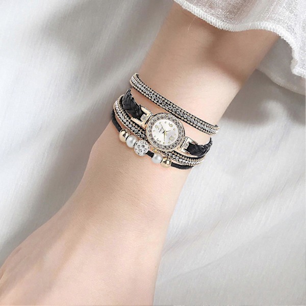 Elegant Flerlags Rhinestone Flettet Armbåndsur til Hverdagsbrug Pink