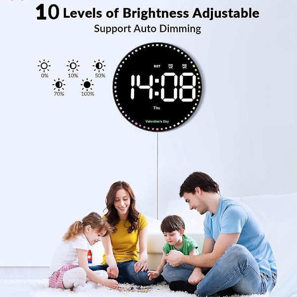 Digital väggklocka med färgglada ljus, 10 tum LED digital klocka med fjärrkontroll, tid väckarklocka för Li