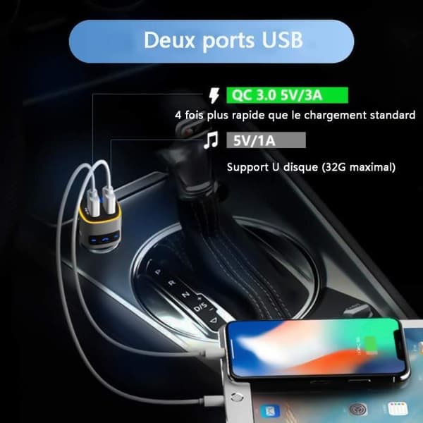 Bluetooth FM-sender, QC3.0 FM-sender Håndfrit Bluetooth-sæt Radioadapter Biloplader, Farverigt lys