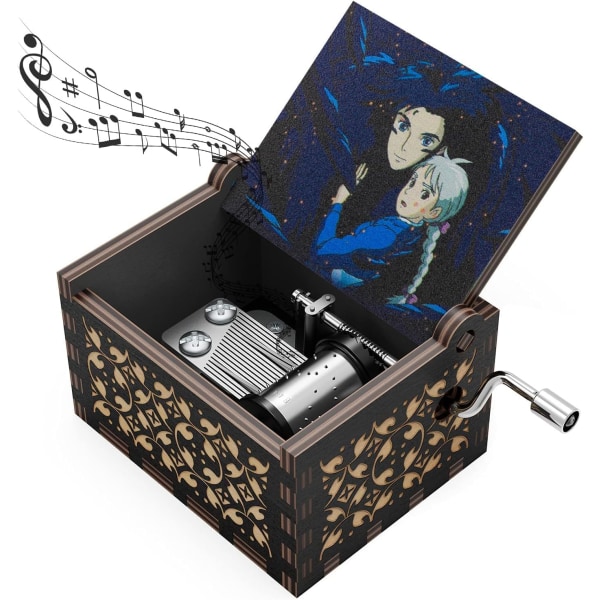 Castle Wood Music Box, Anime Theme Music Merry Go Round of Life Wooden Hand Cranked Musical Boxes Nyttårsbursdagsgave (Svart1)