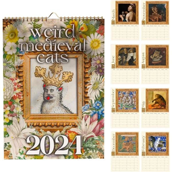 2024 Oudot keskiaikaiset kissat Hauska kissan seinäkalenteri Outo keskiaikainen kissan kalenteri Söpöt koristeeläimet Uutuus riippuvat kalenterit 2024 toimisto