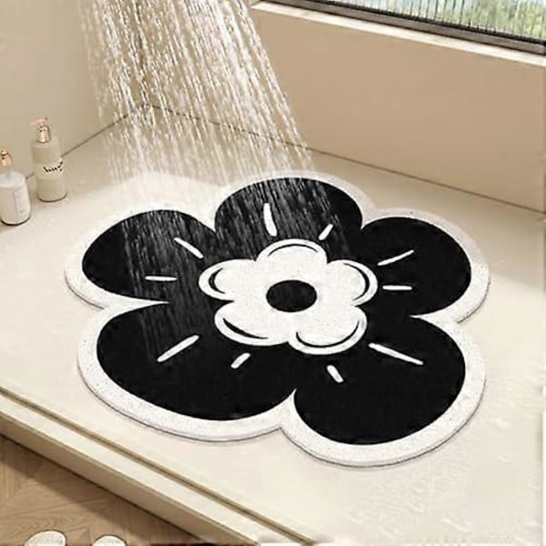 Rund Dusjmatte Blomst Badematte for Inne i Dusjen, PVC Loofah Baderomsgulvmatte, Sklisikker Badematte Anti-Mugg Dusjmatte med Avløp, Hurtig Tørking Black 60x60cm