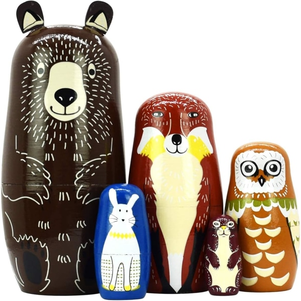 Ryska häckande dockor-björn trä Matryoshka dockor för barn Handgjorda söta tecknade djur Mönster häckande docka leksak stapling docka Set med 5