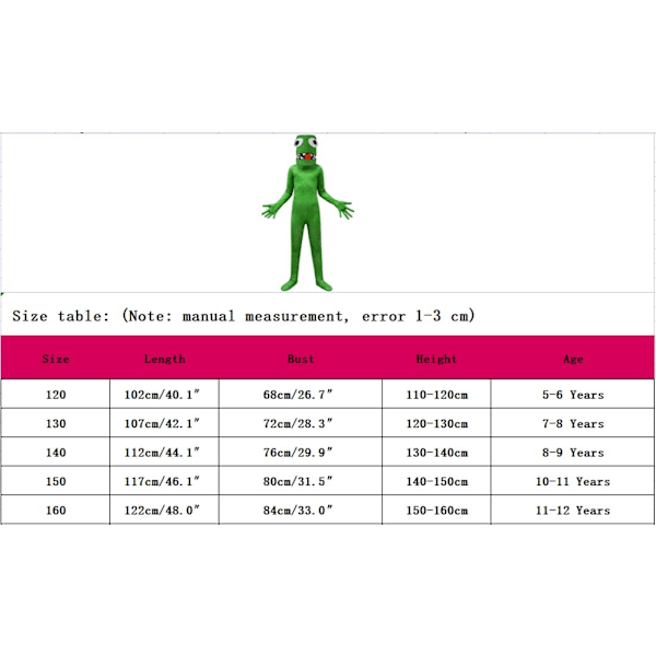 Rainbow Friends Kostymer Halloween Cosplay Jumpsuit Pojkar Klä Ut Sig Låtsas Mask Handskar 3Pcs Spel Grön Monster Outfit för Barn (130)