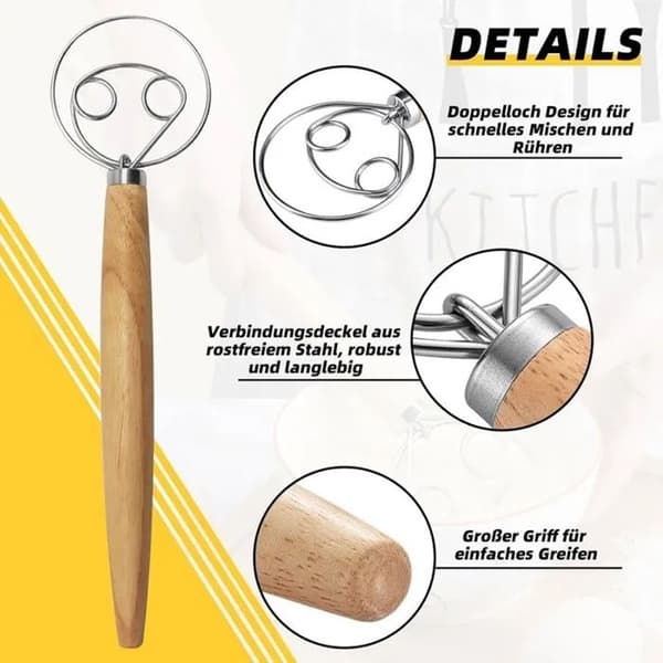 33 cm dobbelring manuell deigvisp, rustfritt stål og trehåndtak, mikser for brøddeig, kaker og pannekaker