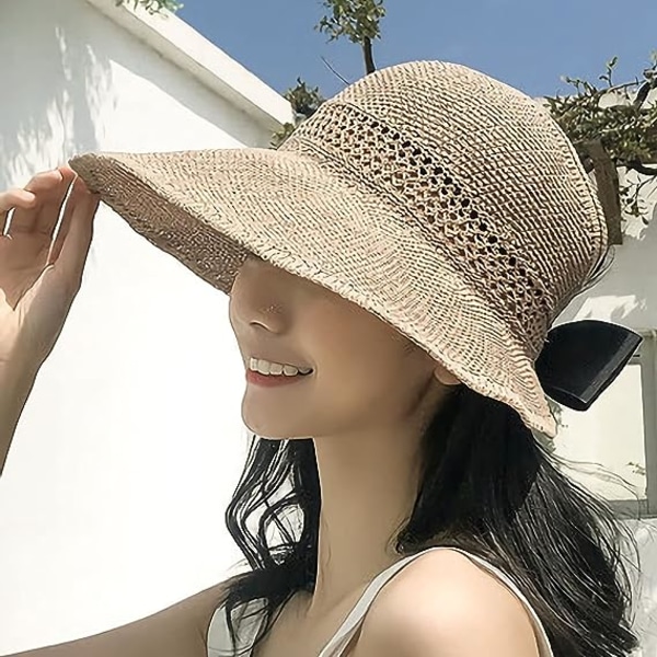 Solskjerm for kvinner Bred skygge solhatt UV-beskyttelse Strandhatt Rullbar, sammenleggbar, tom topphatt med hestehale med sløyfe (khaki)