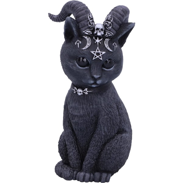 Scarily Cat figur, harpiks, sort, skræmmende yndig hornkat, prydet med små kranier, pentagrammer og måner, støbt i den fineste harpiks