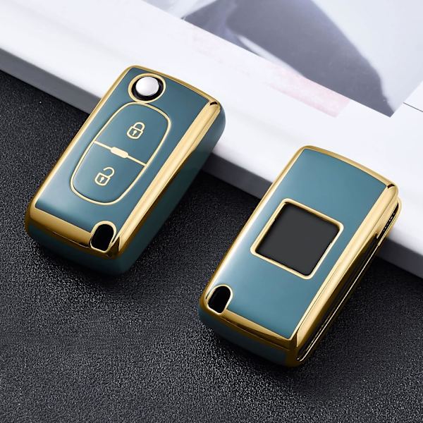 Bilnøgleetui, nøglecover til Peugeot 207 307 308 407 408 3008 5008 Citroen C2 C3 C4 C5 C6 C8 2 knapper nøgleetui tilbehør (gylden kant grå)