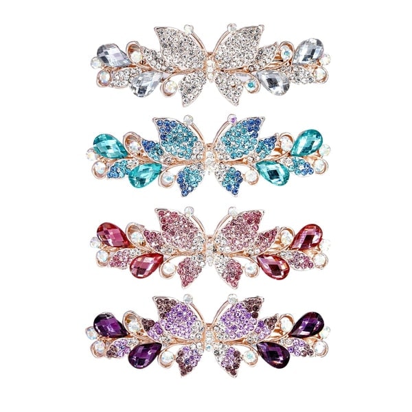 4 Pack Luxury Glitter Sparkling Jewels Beads Crystal Rhinestone Butterfly Metal French Hair Barrettes Fancy Bling Alligator