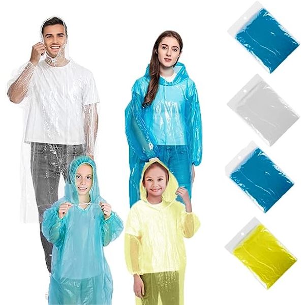 4 kpl kertakäyttöinen sadetakki, vedenpitävä poncho aikuisille ja lapsille, paksu hätäponcho läpinäkyvä kevyt sadetakki hupulla ja hihoilla