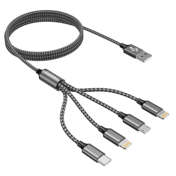 4-i-1-laddarkabel, multiladdarkabel [1,2M] Multi USB -kabel Nylon för iPhone, Android Galaxy, Huawei, Nexus, Nokia, LG, Sony, PS4-Grey