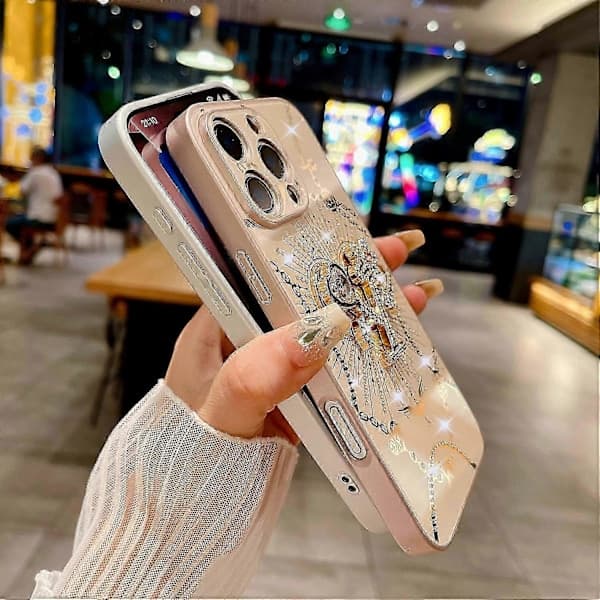 Deksel til iPhone 16 Pro Max med stativ TPU+PC Rhinestones Dekor Telefondeksel - Hvit