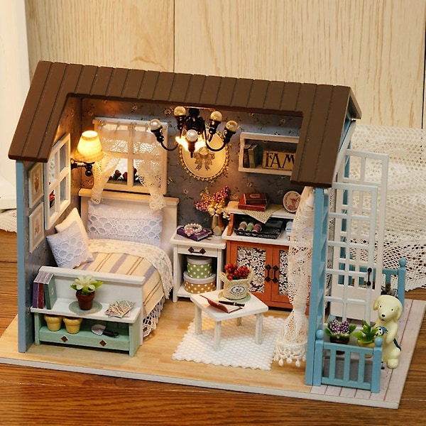 DIY Miniatyrdockhus Kit Realistiskt Mini 3D Trähus Rumhantverk med Möbler LED-lampor Chri