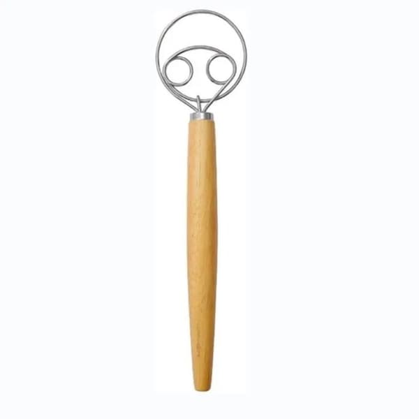 33 cm dobbelring manuell deigvisp, rustfritt stål og trehåndtak, mikser for brøddeig, kaker og pannekaker