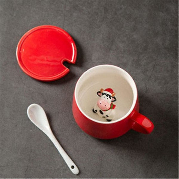 Julekrus Par Keramik Santafigurer med Låg og Ske Ny Lågdesign Feriestil Kontor Hjem Mælk Kaffe Kop Cow