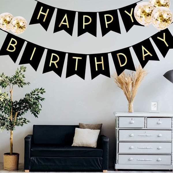 Happy Birthday Banner Fødselsdagsvimpel med 5 Guld Konfetti Latex Balloner Perfekt til Fødselsdagsfest Dekorationer - Sort