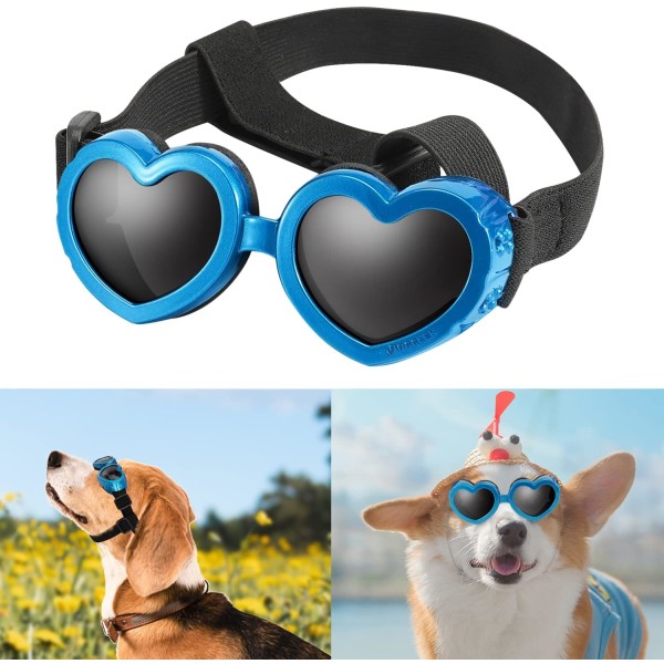 Små hundsolglasögon Husdjursglasögon UV-skydd Hjärtform Valpglasögon Vindtät och vattentät justerbar rem Doggiesolglasögon (blå)