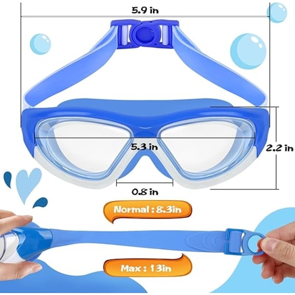 Store ramme svømmebriller med bredt udsyn til børn (6-15 år) blå