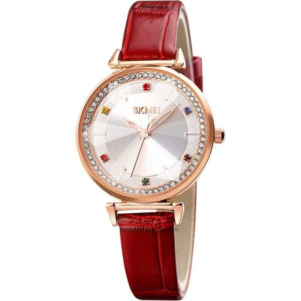 Elegant Kvarts Armbandsur i Läder, Vattentätt red