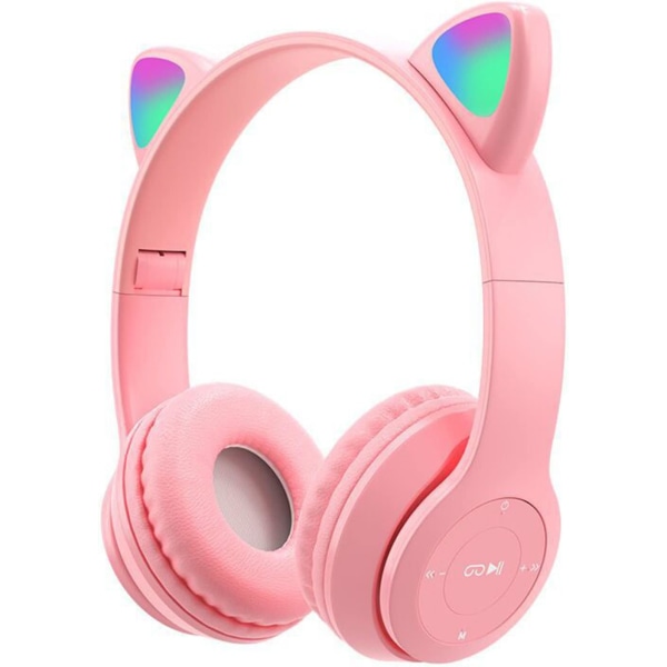 Trådlösa hörlurar Over Ear Bluetooth Hi-Fi Stereo hopfällbara hörlurar Cat Ear Game Headset med LED ljusrosa