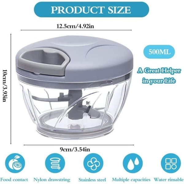 Manuell løkhakker, 500ML Mini Manuell Hakker med 3 Blader i Rustfritt Stål, Manuell Blender, Manuell Løkkutter for Urter